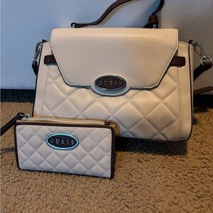 GUESS Cream and Brown Quilted Satchel Set